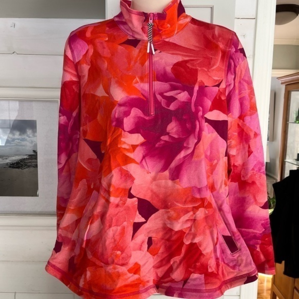 NWT Talbots Vibrant Floral Pink and Orange Quarter-Zip Pullover Medium